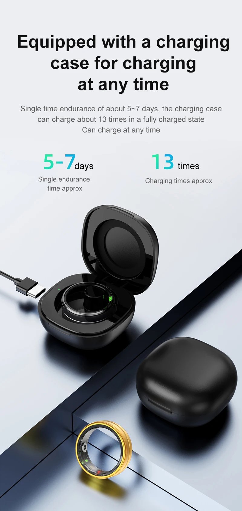 R06 Smart Ring Men Women with Charging Case,Heart Rate and Blood Oxygen Monitor,5ATM Waterproof,Multi-Sport Mode For Andriod IOS