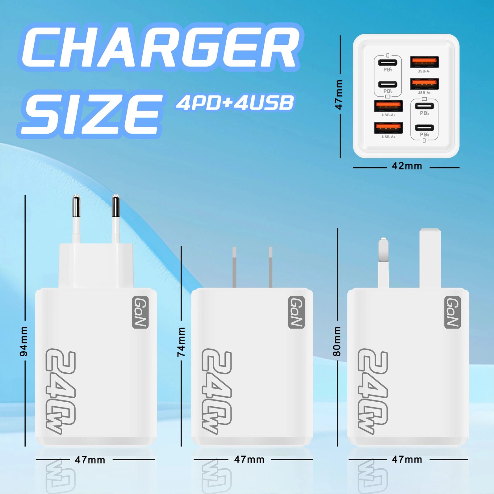240W GaN USB C Charger 8 in 1 Fast Charging Phone Charger Power Adapter For iPhone Samsung Xiaomi Type C EU/US Plug Wall Charger
